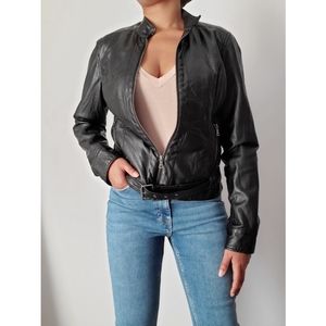 Leather jacket with belt, Size L, Bla…